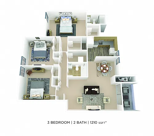 Floor plan Three Bedroom 2 Bath - 1,210 sqft