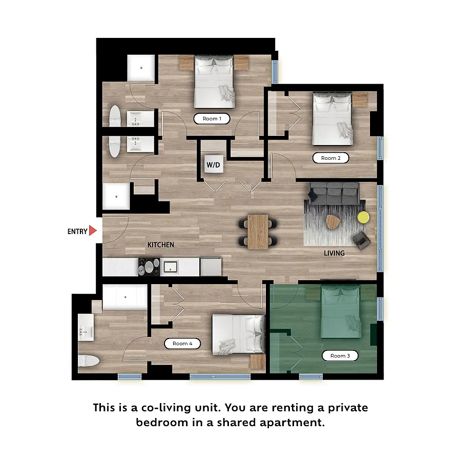 Floor plan Private Bed in a 4 Bed 3 Bath A - RM3