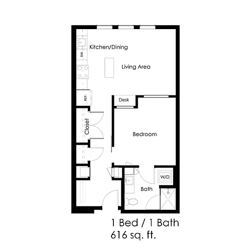 Floor plan 0 Bed / 1 Bath 616 sq ft SA Studio