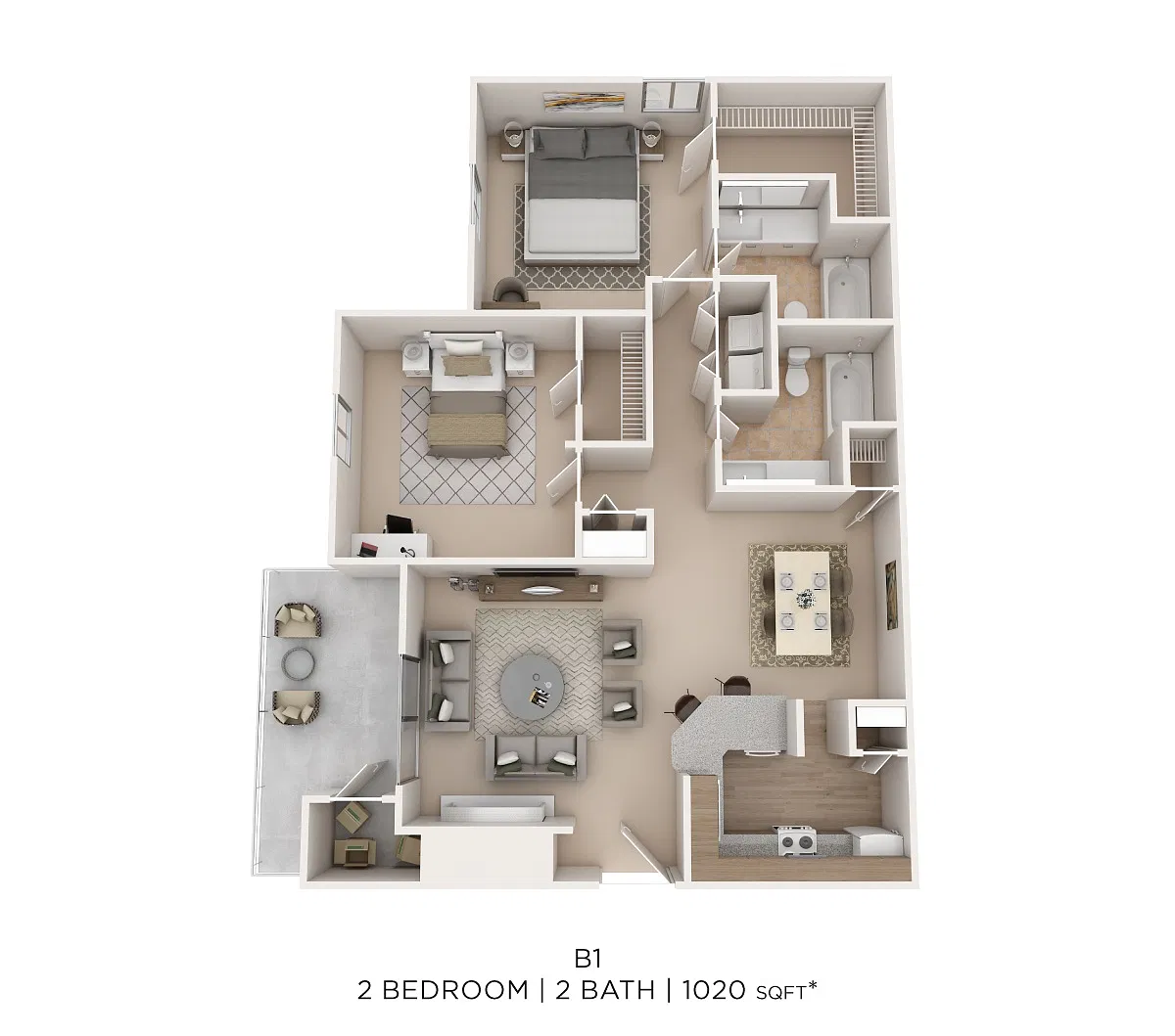 Floor plan Two Bed Two Bath 1020 Sqft