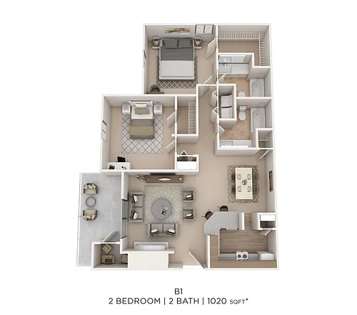Floor plan Two Bed Two Bath 1020 Sqft