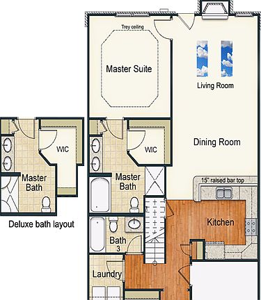First floor has the master and and a second bedroom, bathrooms in addition to the kitchen and great