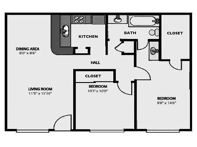 Floor plan 'E' - A Popular 2Br/1Bath Garden Style Plan