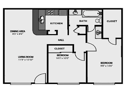 Floor plan 'E' - A Popular 2Br/1Bath Garden Style Plan