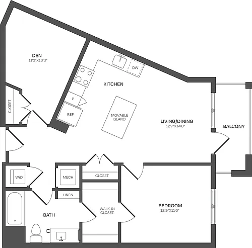 Floor plan 1 Bed/1 Bath Den-B04