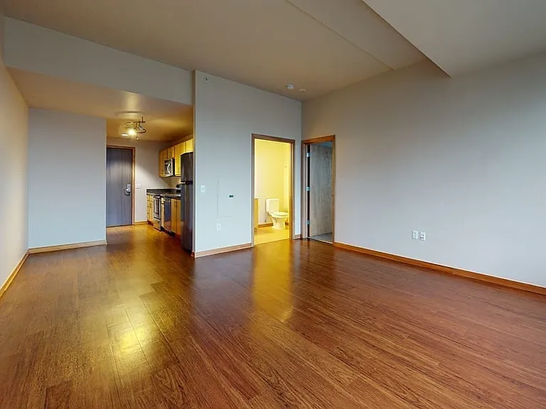 Apartment Kitchen with Stainless Steel Appliances, Dining and Living Room with Wood Style Flooring.