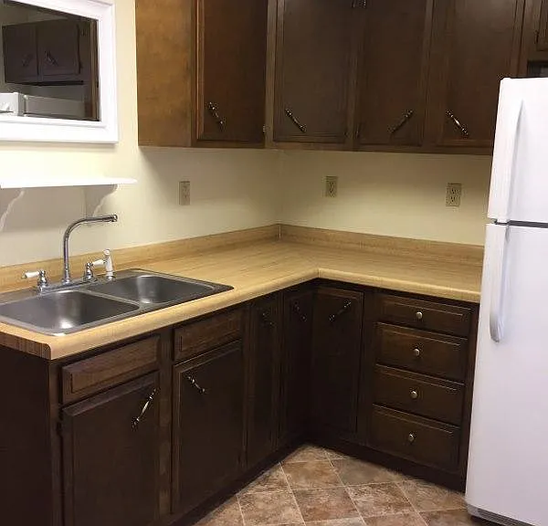 Kitchen equipped with stove and refrigerator.