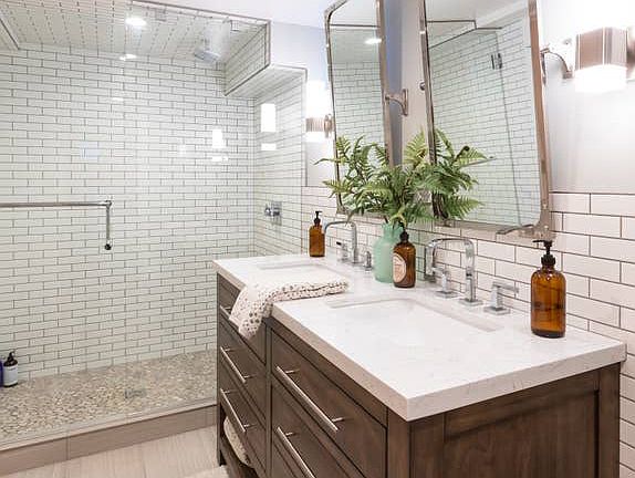 Dual vanity in downstairs bathroom