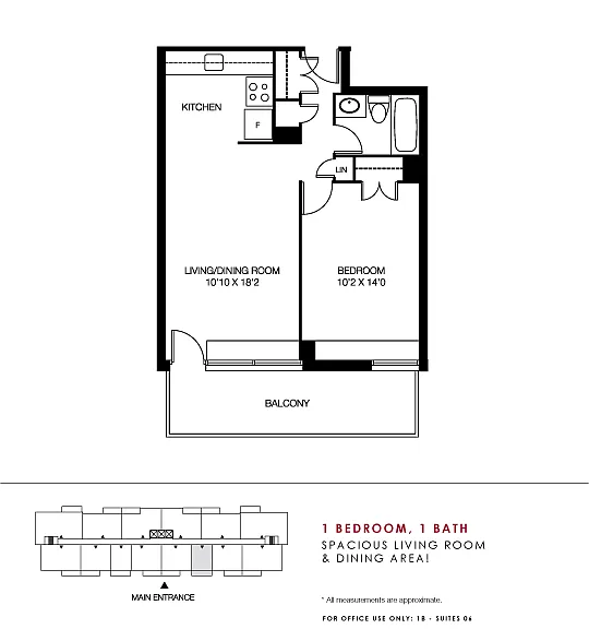 1 Bedroom, 1 Bath suite with spacious living room & dining area!
