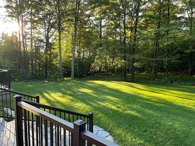 Lush back yard is totally private and ringed by mature sugar maples