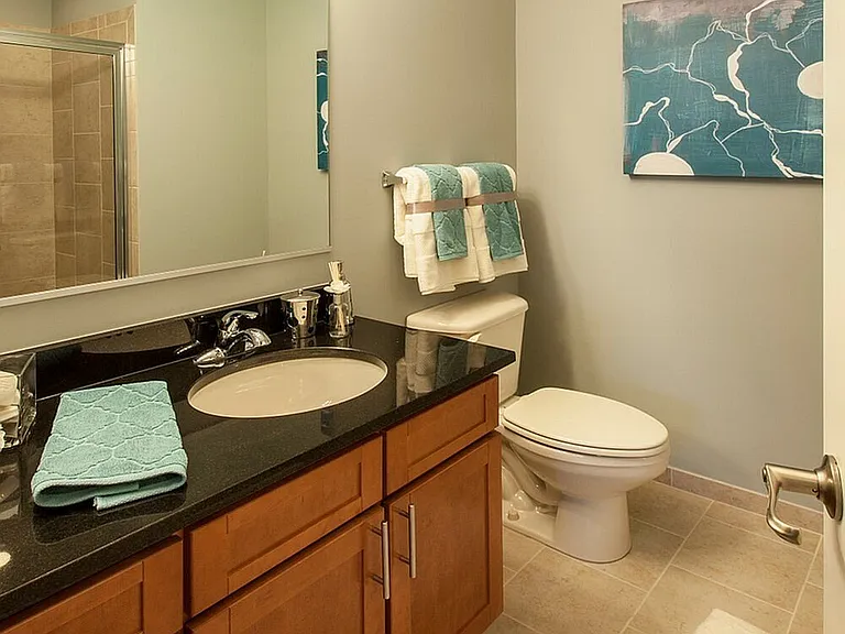 Large Bathroom With Tiled Shower, Granite Vanity Counter, Ample Storage Space & Modern Lighting