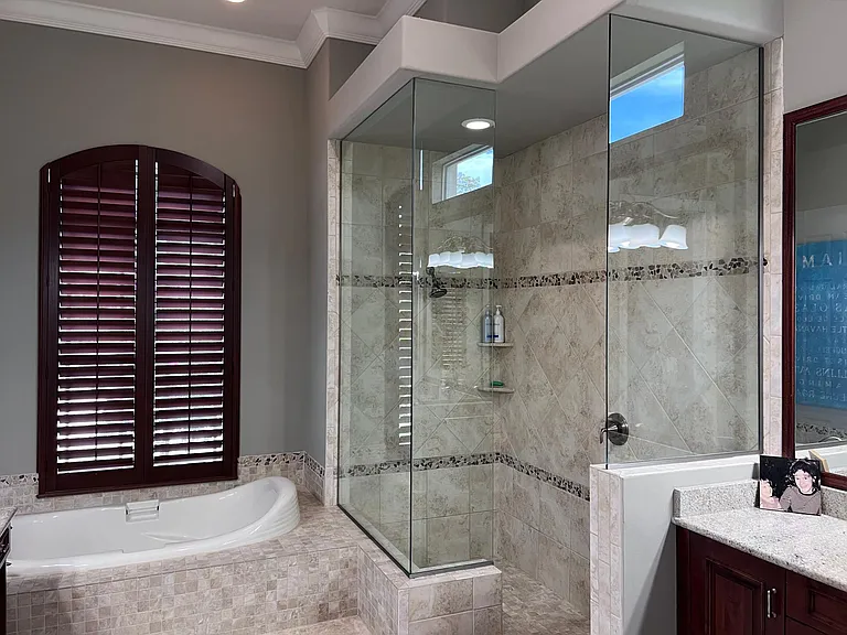 Master bath step down to shower, soaking tub 2 sinks, makeup area