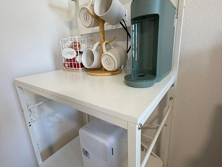 Start your morning right with included Keurig and mini fridge!