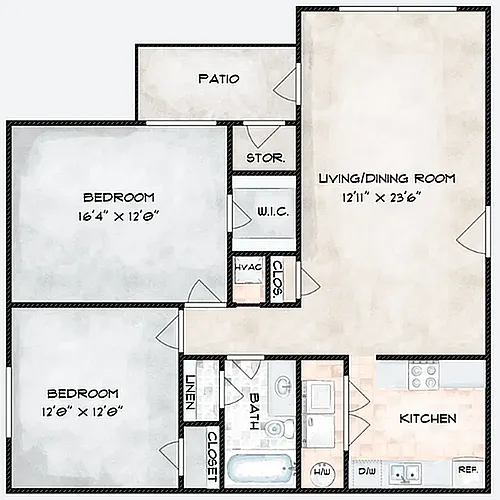 Floor plan Gold Two Bedroom, One Bath