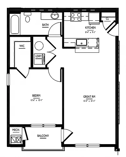 Floor plan 1 Bed/1 Bath-A Phase III