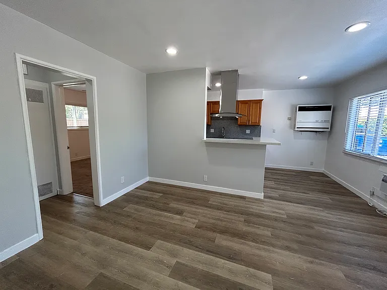 Living room, kitchen in background, bedroom and bathroom on the left.