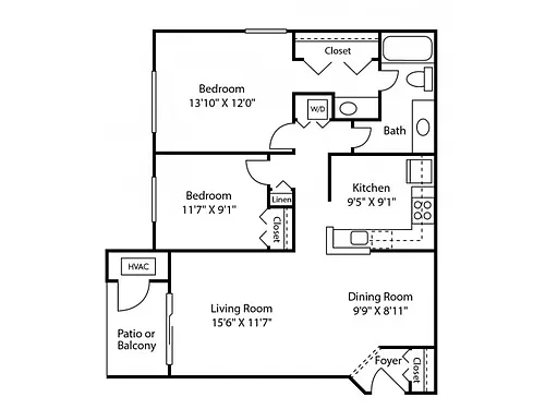 Floor plan Two Bedroom One Bath (887 SF)