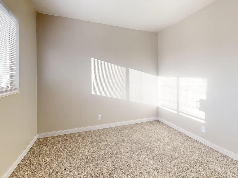 Sunlit bedroom with soft carpet flooring and neutral walls, creating a cozy and inviting atmosphere.