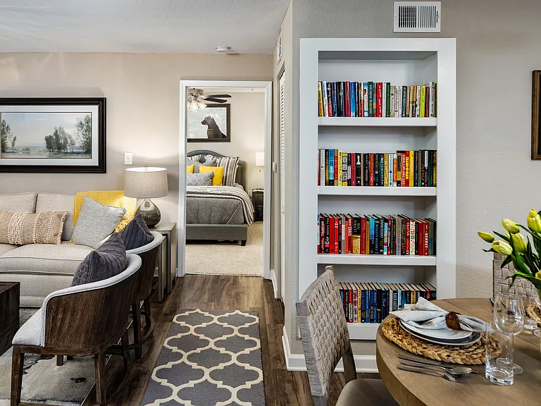 Built-in bookshelf and living area