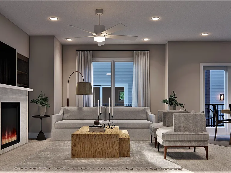 Fireplace in living room rendering.