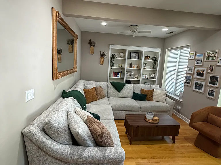 Living Room with built in shelves and custom millwork