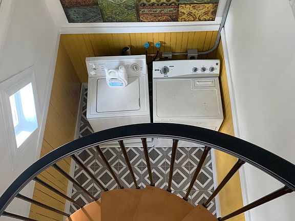 Looking down into laundry area