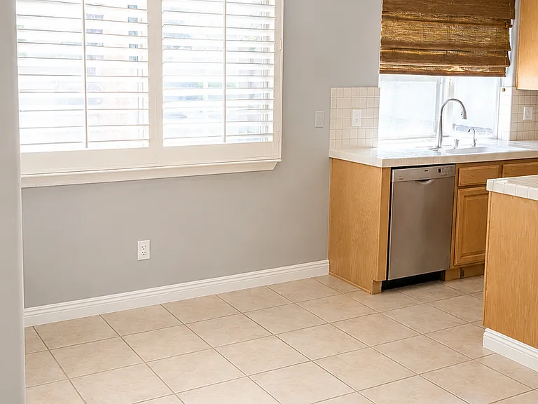 Kitchen sink area with stainless steel dishwasher and natural light