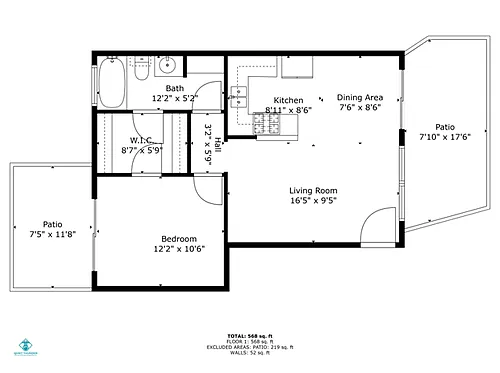 Floor plan 1 Bed 1 Bath WI closet front/back patio