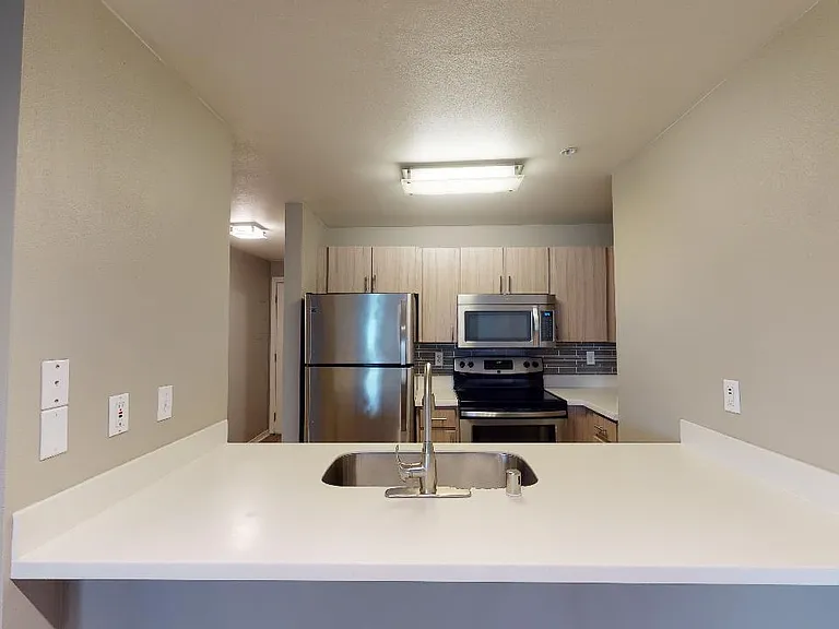 Apartment kitchen with stainless steel appliances, quartz countertops and wood-style flooring.