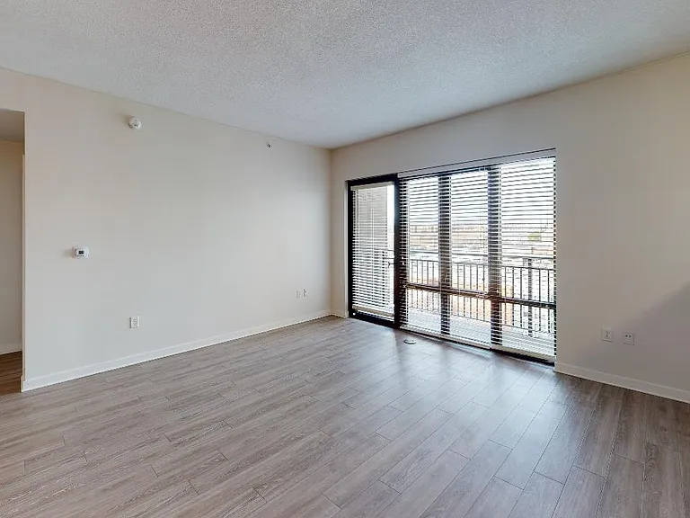 Apartment living room with wood-style flooring.