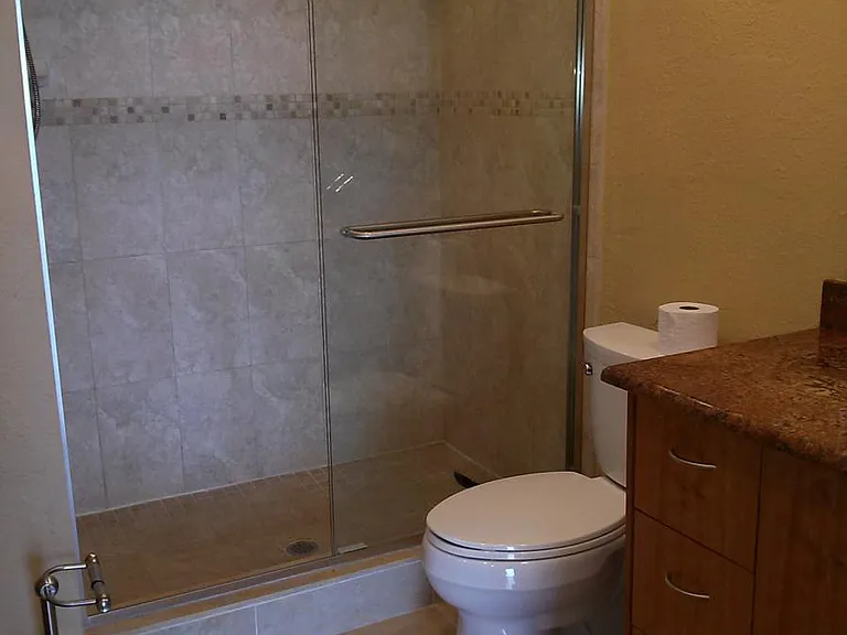 Master bath, completely renovated with walk in tile shower