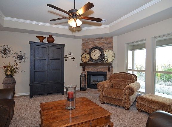 Stone fireplace in family room