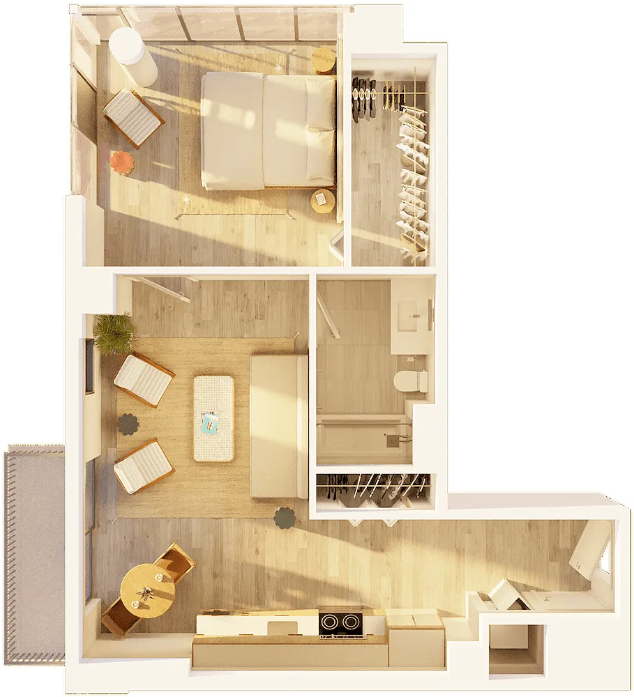 Floor plan West 1 BR Balcony Sunset C