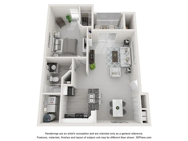 A 3D floor plan rendering of The Willow.