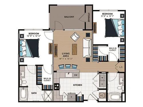 Floor plan 2 Bed, 2 Bath A (140% Income Restricted)