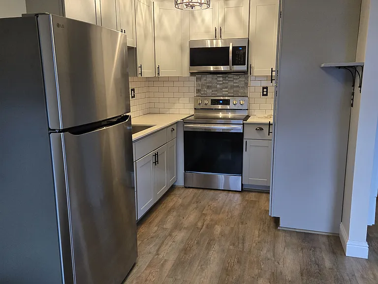 New, updated kitchen with quartz countertop. New stainless steel appliances. Oversized sink. No dishwasher. Large pantry for extra storage.