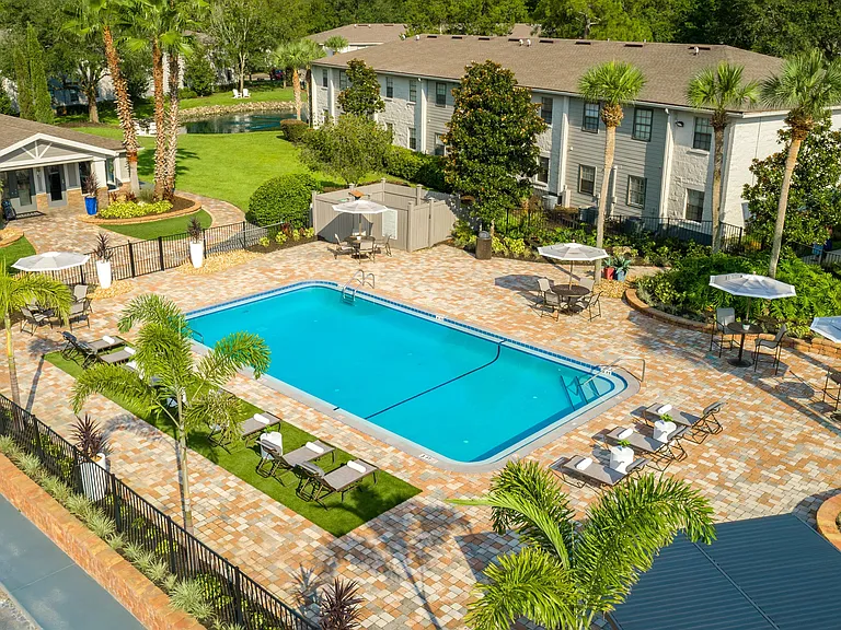 Lounge in luxury on our expansive sundeck, surrounded by lush palm trees and elegant poolside seating.
