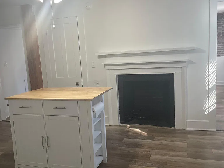 Kitchen with fireplace view and closet.