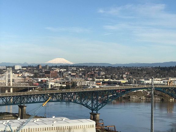 View of Willamette River and Mt. St. Helens from balcony