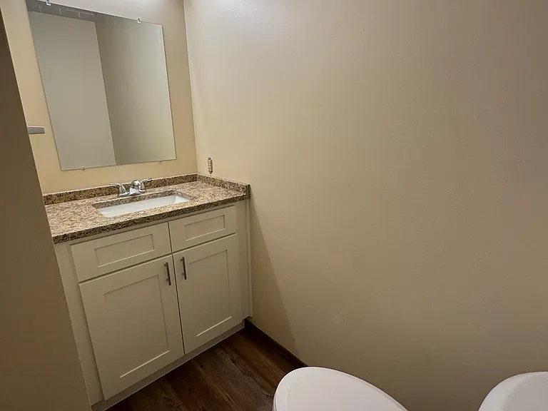 Half bath in hall between living area and kitchen on first floor - new lights, vanity, toilet and granite