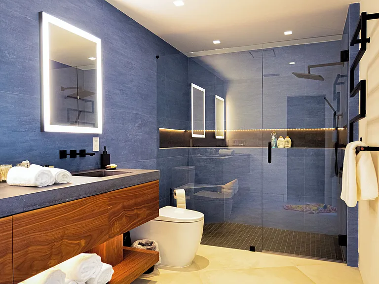 Master bathroom, rainfall shower head, heated towel rack