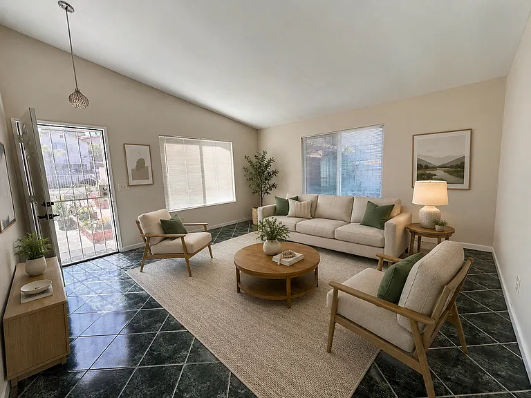 Living room rendering with furniture.