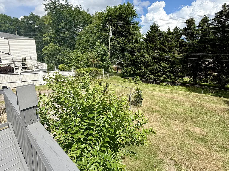 View from back deck into very large fenced in backyard