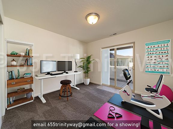 bedroom 3 shown as a combination home office and exercise room, with direct access to private backyard (12' x 12')