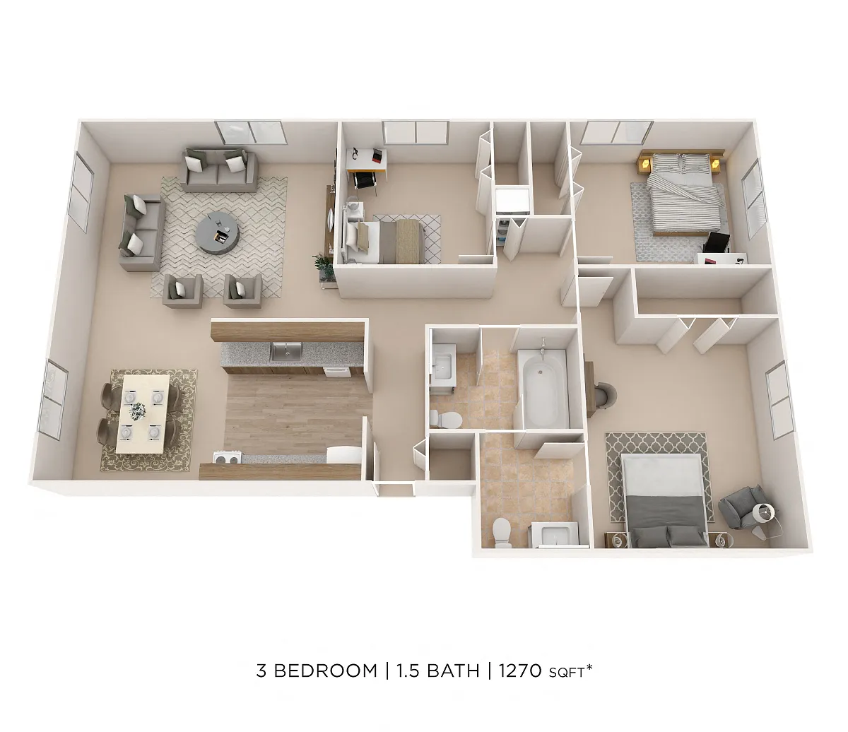 Floor plan Three Bedroom 1.5 Bath