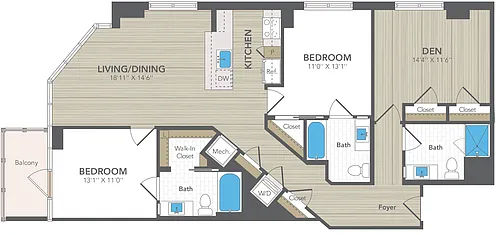 Floor plan 2 Bed 3 Bath xSm with Den