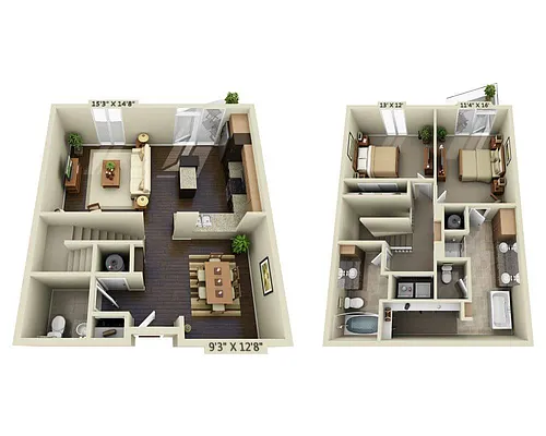 Floor plan Two Bedroom Townhome B2.5BTH
