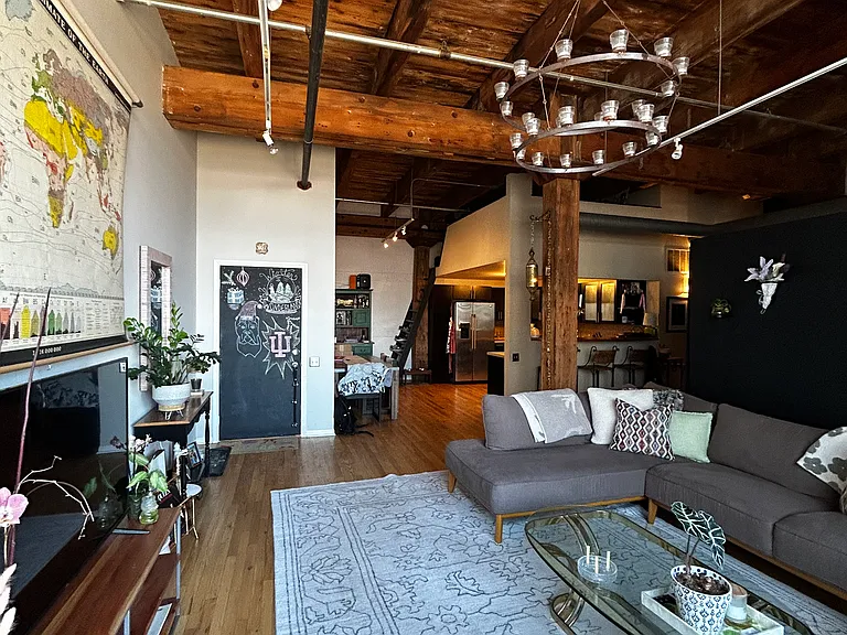 Entry door (with chalkboard paint), Living room, dining and kitchen, view from the large bay windows