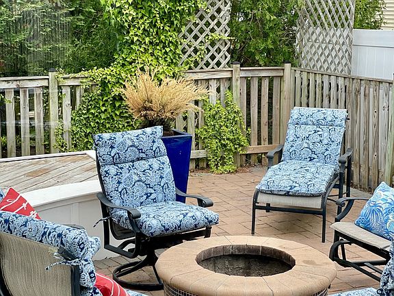 Fenced in back yard with fire pit