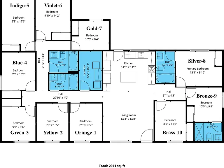 Full floor plan illustrating the home's layout with multiple bedrooms, shared baths, laundry, kitchen, and living room.